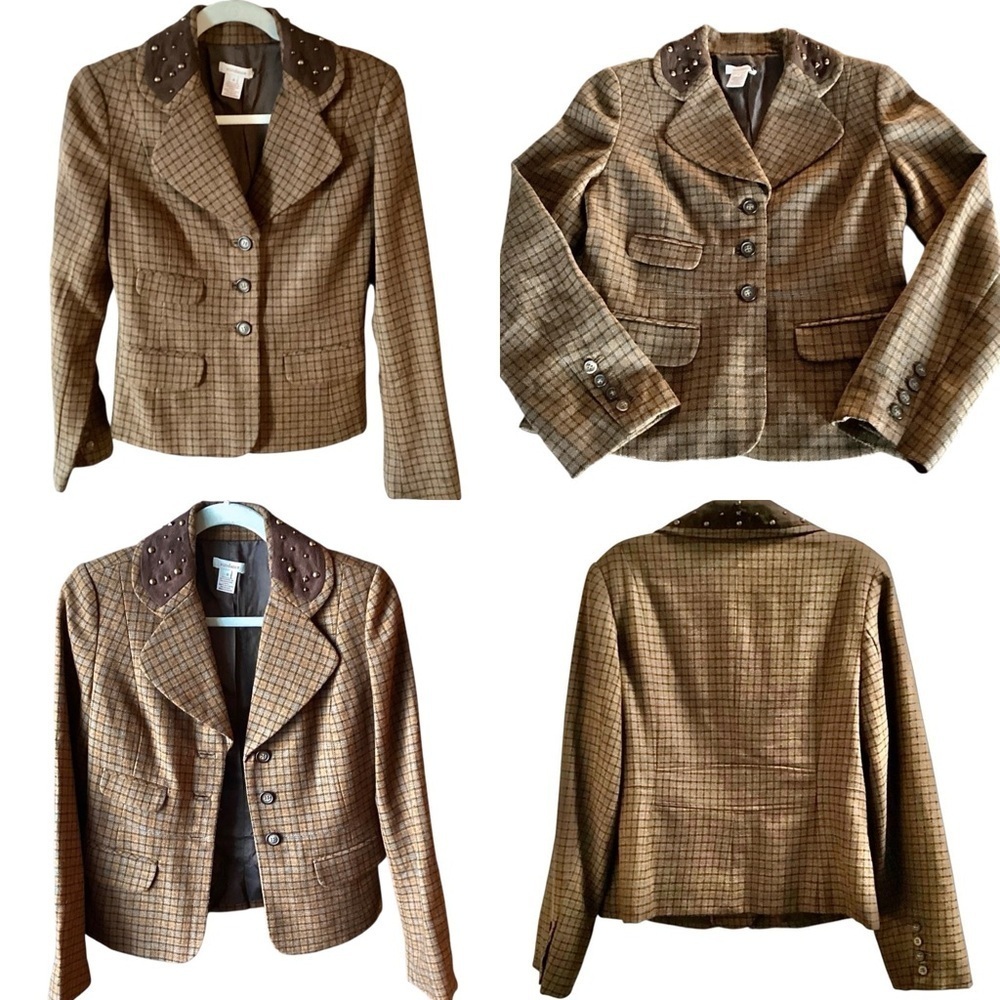Sundance Brown Plaid Wool Blazer Jacket Studded Collar Women's Size 2 or 4 Lined - Picture 7 of 16